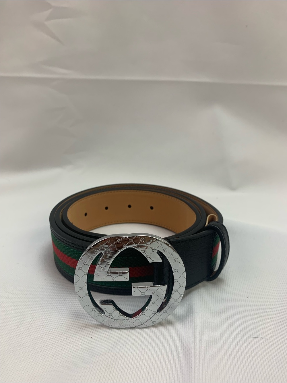 Gucci Black Leather Web Stripe Belt with Silver Interlocking G Buckle